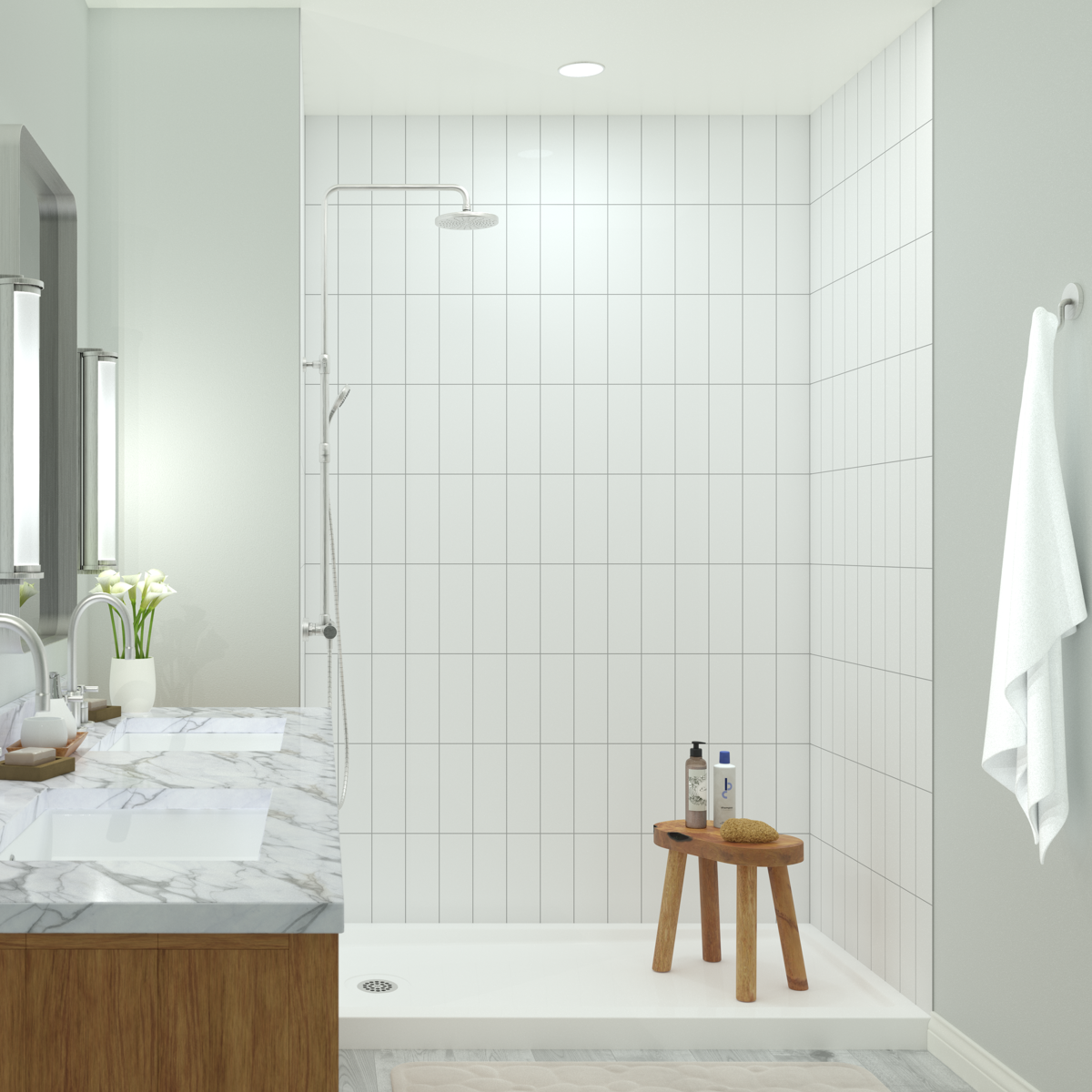 Vertical White Subway Shower Wall System